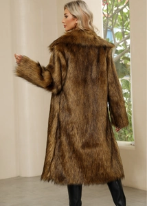 Rear view of long faux fur coat in brown with a high-end textured finish and loose fit