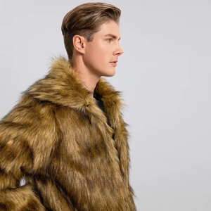 Men's luxury long faux fox fur coat in brown and olive green check pattern with large collar