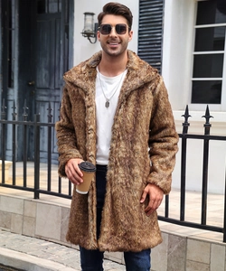 Detail of premium brown faux fur texture and lapel on men long winter coat