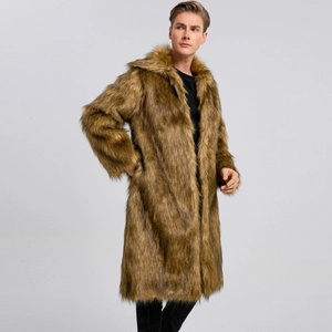 Men's checkered faux fur long coat with large lapel in premium brown textured finish