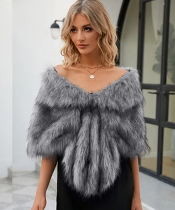 Close-up of grey faux fur shawl with thick plush texture on model for bridal wear