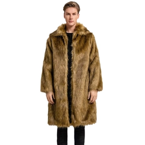 Men's oversized long faux fox fur coat in wolf brown with a wide lapel collar
