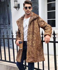 Detailed texture of men's long brown faux fur coat with broad lapel collar in city street