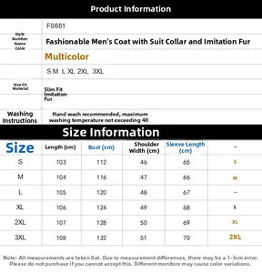 Detailed size chart for men's slim fit faux leather jacket showing S to 3XL dimensions