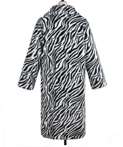 Detailed back view of a long faux fur coat featuring a bold black and white zebra pattern
