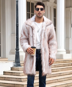 Outdoor street style close-up of a men's long faux fur coat with a wide collar detail