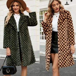Trendiger Webpelzmantel Mit Schachbrettmuster Mittellanger Reverskragen Kunstpelzjacke Damen Winterjacke Warm Casual Print Mantel