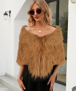 Close-up of fluffy faux rabbit fur shawl in brown, styled with elegant metal necklace
