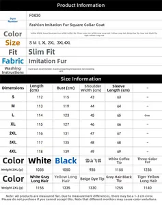Detailed size chart for men's faux fur long coat with length, bust, and weight measurements