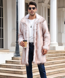 Detailed texture of men's long faux fur coat with white and brown gradient finish