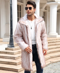 Detail shot of high-quality faux fox fur texture on a men's stylish mid-length winter coat