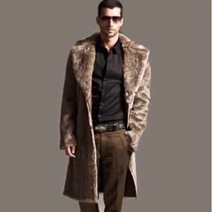 Men's oversized dark brown faux fur coat with wide lapel and thick plush texture