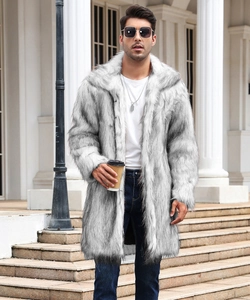 Detailed macro view of the premium grey and white faux fur texture on men's long overcoat
