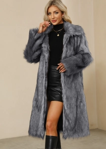 Detail of grey long faux fur coat featuring fluffy texture and classic square collar design