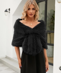 Luxurious black faux fur stole wrap styled with gold necklaces and black dress