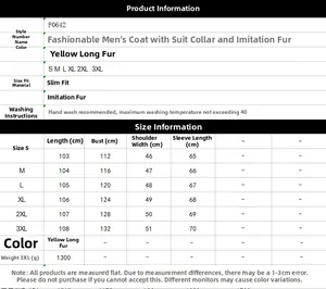 Detailed size chart for men faux fox fur coat showing dimensions from S to 3XL
