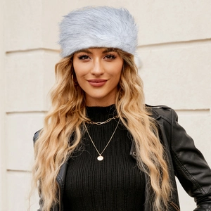Fashionable light blue faux fur headband hat for women featuring a warm winter design