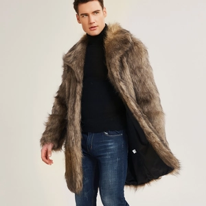 Men's faux fox fur overcoat in brown tones with a large lapel collar for winter luxury