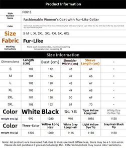 Size chart detail for faux fox fur coat showing measurements from S to 6XL in cm