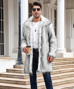Detail of premium grey faux fur texture on a stylish men's long winter overcoat