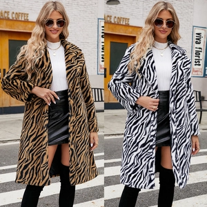 Women Casual Faux Fur Long Coat Zebra Tiger Stripe Print Long Sleeve Suit Collar Warm Outerwear Fashion Winter Jacket