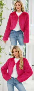 Veste courte en fausse fourrure rose rouge avec peluche longue de qualité pour femme