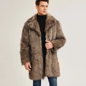 Men's faux fox fur coat in brown and grey with a large notched lapel and long sleeves