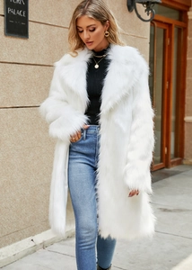 Close-up of fluffy white faux fox fur coat texture with elegant oversized notch lapels