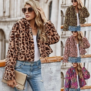 Veste à Capuche en Fausse Fourrure Imprimé Léopard pour Femme Manteau Court en Peluche Chaud d'Automne Hiver