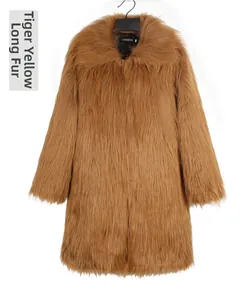 Detailed view of the luxury tiger yellow faux fox fur coat with a large notched lapel