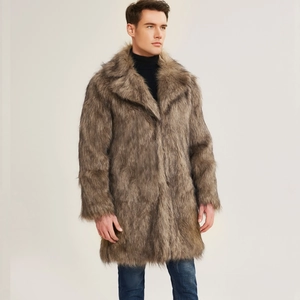 Men's faux fox fur coat in brownish-grey with a stylish notch lapel for winter