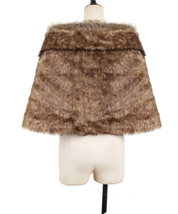 Close-up of brown faux rabbit fur texture and dense glossy fibers on the cape shawl
