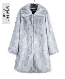 Close-up of grey faux fox fur coat with black tips, large collar, and brand label