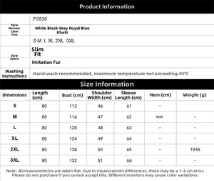 Size chart for men's faux fur coat with measurements for S to 3XL and fabric details