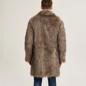 Men's faux fox fur overcoat in brown-gray with wide lapels and thick texture