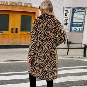 Women's zebra print faux fur coat with notch lapel long sleeve winter outerwear