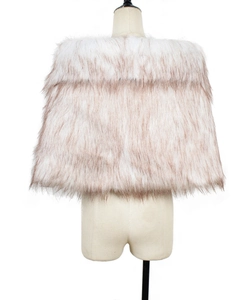Detail of faux rabbit fur shawl featuring contrast brown tips and fluffy texture
