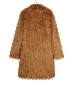 Macro detail of brown faux fur long coat showing dense texture and back collar design