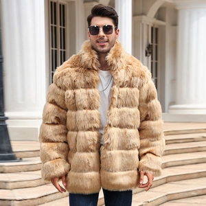 Men's camel faux fur coat with horizontal striped texture and plush luxury design