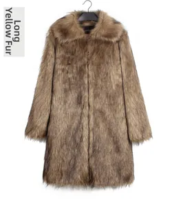 Close-up detail of the smooth texture and brown faux fox fur on this long men's winter coat