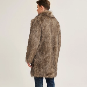 Rear view of men's faux fox fur coat featuring gradient brown texture and mid-length cut