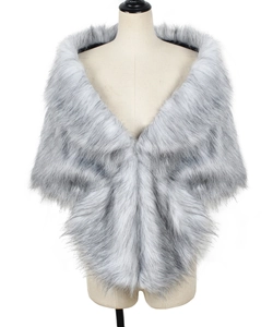 Detailed view of fluffy grey faux fur wrap cape for formal evening and wedding wear