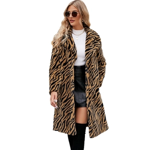 Faux fur long coat with bold orange and black tiger print and lapel collar for women