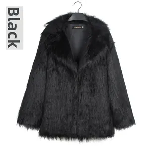 Détail de la veste noire LANSHIFEI en fausse fourrure avec un col à revers élégant