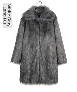 Detail of grey and white long-hair faux fur texture on men mid-length winter coat