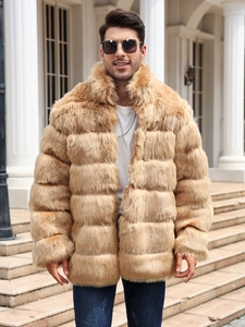Close-up of men's faux fur coat in khaki with high collar and layered plush texture