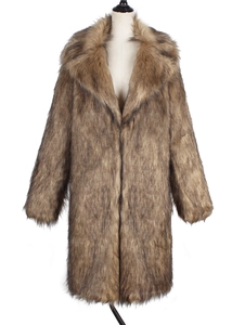 Detail of premium faux fox fur coat showing rich brown gradient texture and lapel