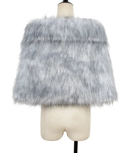 Detailed back view of a plush light grey faux fox fur shawl wrap on a dress form mannequin