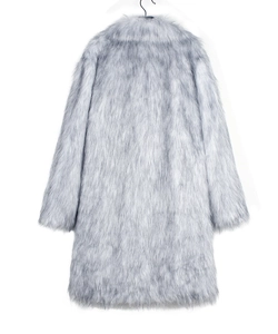 Back view of a long faux fur coat for men in light grey with soft plush texture