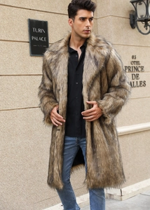 Manteau long en fausse fourrure pour homme avec col tailleur et texture marron dégradé